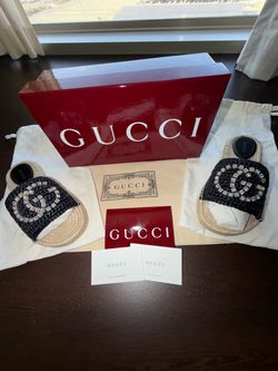 NEW GENUINE AUTHENTIC 2026 Gucci GG Crystal Embellished Raffia Slides