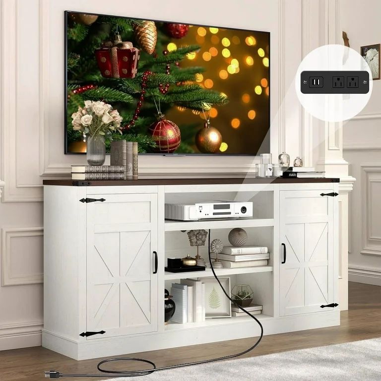 Farmhouse TV Stand for 65" 70" up 75" TVs with Power Outlet, 33" Tall TV Stand Entertainment Center with Storage, White TV Consoles For Living room Be