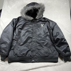 Avirex Mens 3XL Black Full Zip Faux Fur Trim Hood Nylon Reversible Bomber Jacket