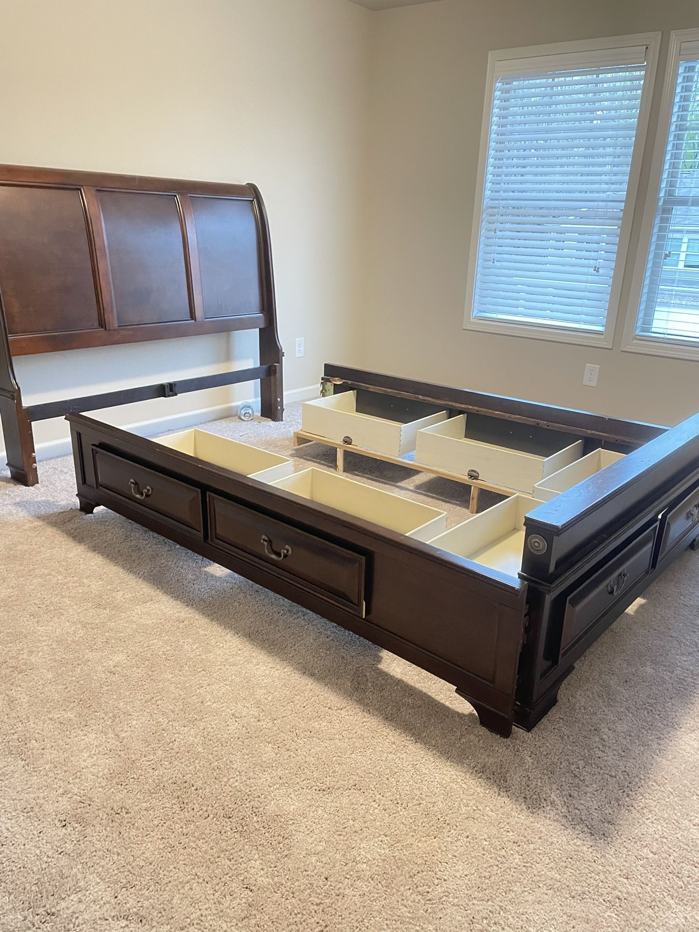 Queen size Sleigh bed, Cherry finish, storage bed & bed frame with wooden slats and bottom board