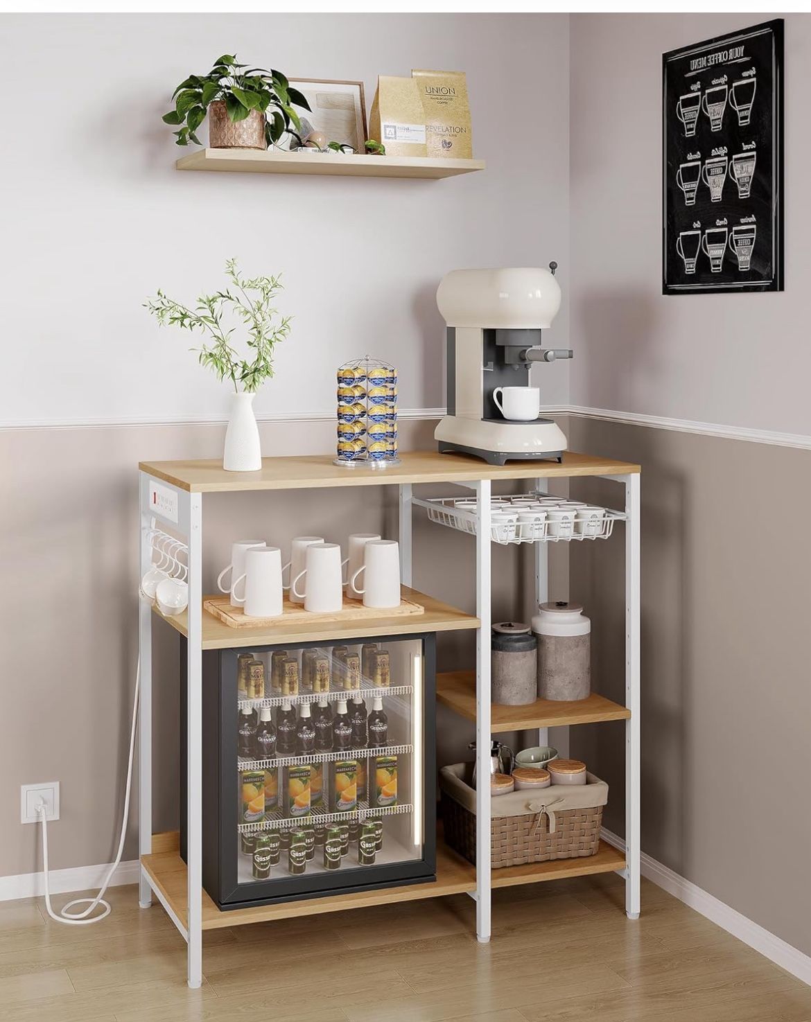 Baker's Rack, Coffee Bar Stand with Charging Station, Storage Shelves, Pull-Out Wire Basket, Table for Microwave, Kitchen, Oak Beige UKKS036Y09, 15.7 