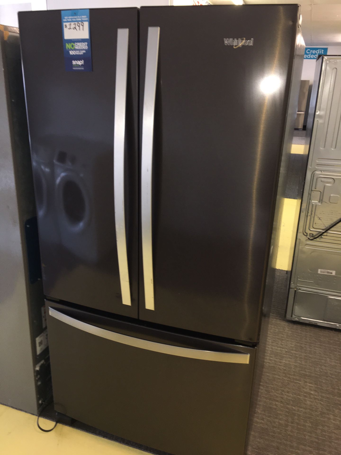Whirlpool Black Stainless Steel French Door Refrigerator Scraches Dent With Warranty No Credit Needed Just $39 Down payment Cash price $1,300