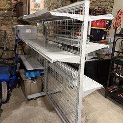 Commercial-grade, double-sided gondola shelving units on wheels (5 total) (Read ad before messaging)