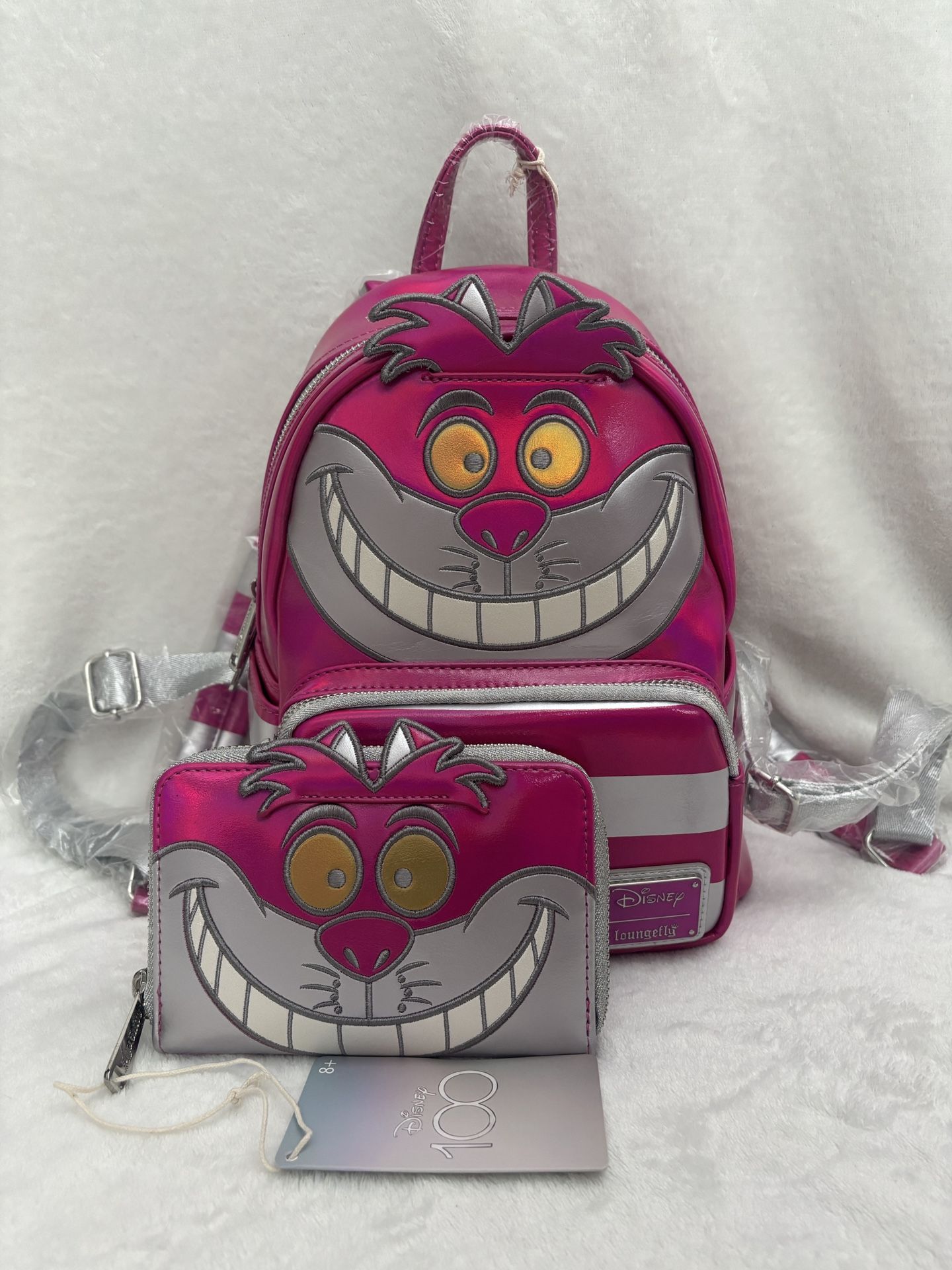 NWT Disney100 Loungefly Platinum Cheshire Cat Mini Backpack With Wallet