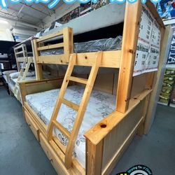 Twin Full Trundle Full Natural Bunk Bed With Mattresses New Cama Bonita 