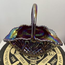 Vintage LE SMITH Carnival Glass Large Basket Pineapple Fan Black Amethyst 14x12”