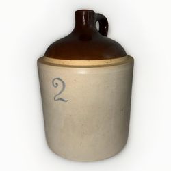 Big Antique 2 Gallon Stoneware Whiskey Jug Brown Top Blue Script 2 Crock Pottery