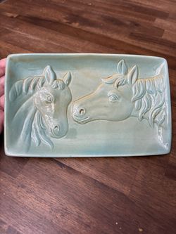 Cracker Barrel Sweet Horses Plate Tray in green stoneware pottery
