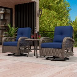 3-Piece Wicker Patio Set – 2 Swivel Rocking Chairs + Table, Blue Cushions