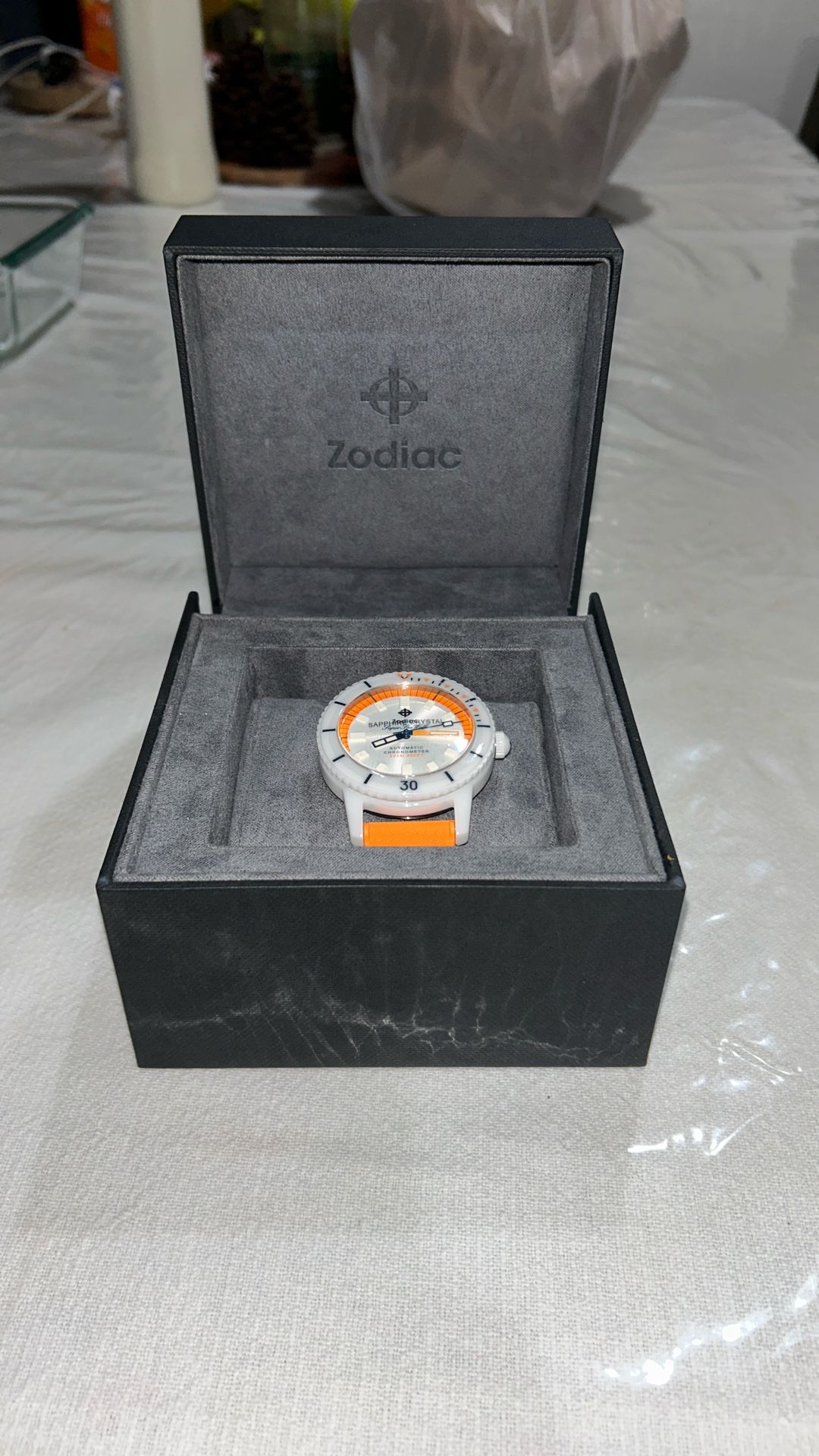 Zodiac Super Sea Wolf Ceramic Compression Diver Automatic Orange Rubber Strap Watch 41mm