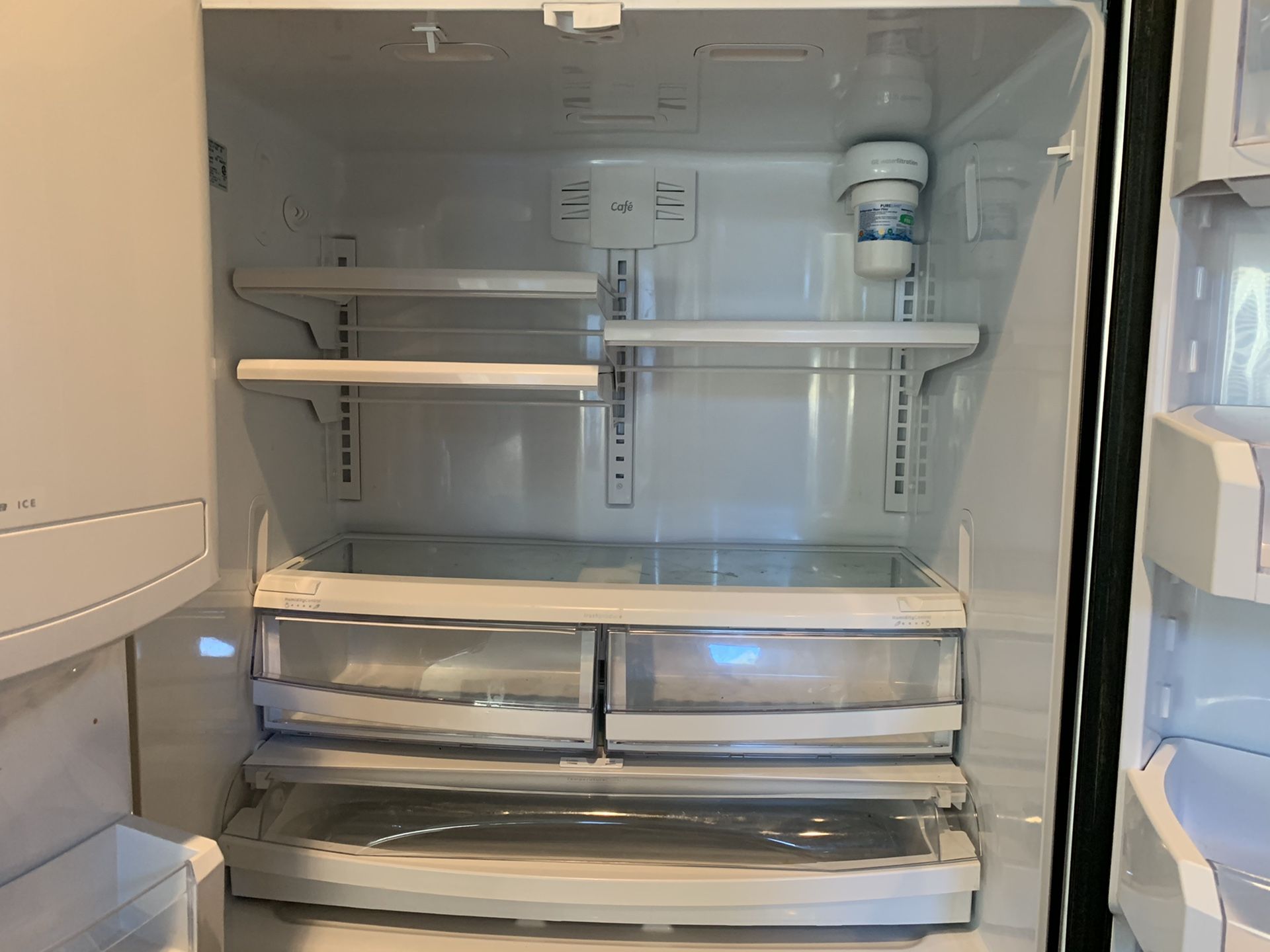 GE Cafe Refrigerator inside parts-shelves and drawers