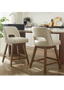 Set of 2 Modern Upholstered Counter Height Bar Stools – Cream & Walnut Brown