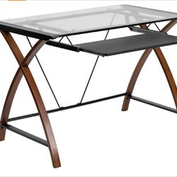 Tempered Glass Computer Desk with Pull-Out Keyboard Tray and Crisscross Frame