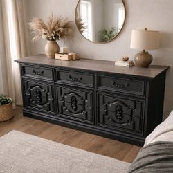 Moody Soft Black Vintage Dresser | 72” Long | Gloss Black Hardware | Statement Piece