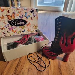 Black Vinyl Boots With Red Flames, Size 8