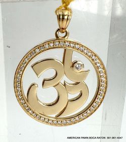 Solid 14k Yellow Gold Om Symbol Round Pendant Charm Diamond  Pendant engraved on reverse " YOUR MY  FOREVER 2022"