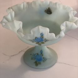 Vintage Fenton Blue Satin Hand Painted Flower Ruffled Glass Compote Dish Signed