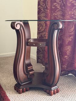 Round Glass Top Side Table – Dark Cherry Wood