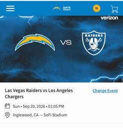 Raiders vs Chargers – Sec 224 Row 5 – 2 Tickets