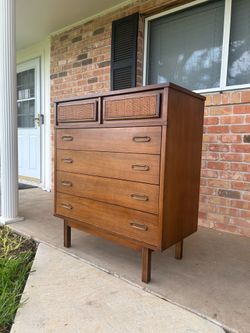 Mid Century Modern Walnut & Cane Tall Dresser Chest
