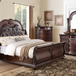 Cavalier Dark Cherry Upholstered Sleigh Bedroom Set