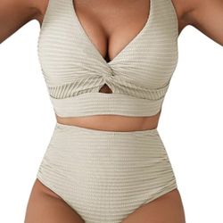 Beige High Waisted Ribbed V-Neck Bikini Women’s Large NWOT