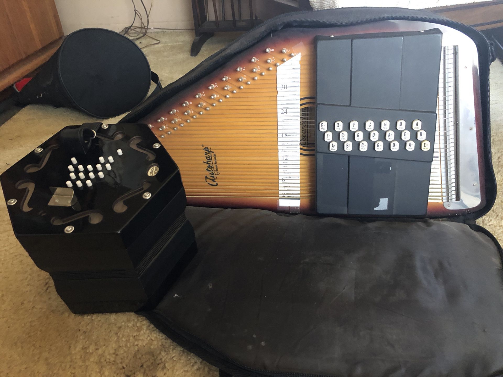 Autoharp and Concertina with cases