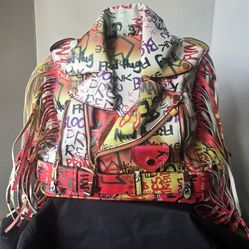 Graffiti print fringe moto style backpack purse convertible bag