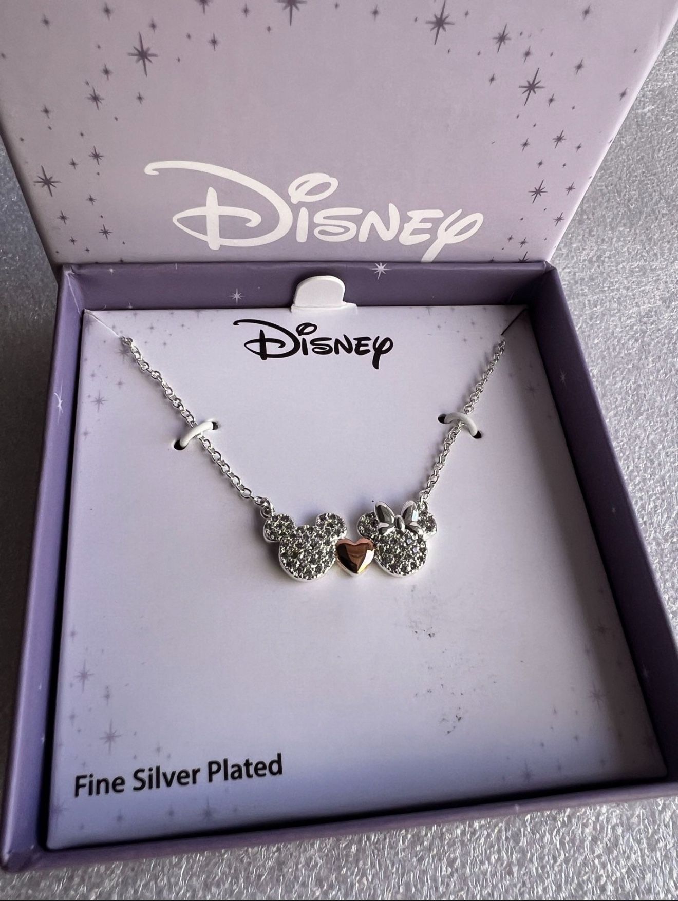 DISNEY Mickey and Minnie diamond With Pink Heart charm and silver Necklace (NEW)