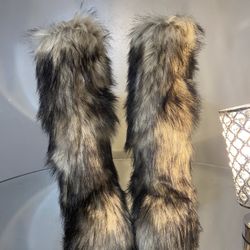 Beige Faux Fur Knee Boots  Sizes  7, 8.5,9 (message True Size When Ready To Order)