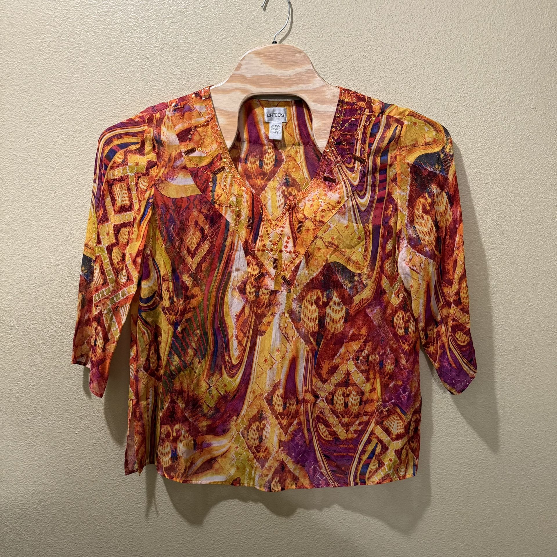 Women’s Size 3 (XL) Chico’s Multicolor Semi Sheer Sequin Silk Chiffon Tunic Top