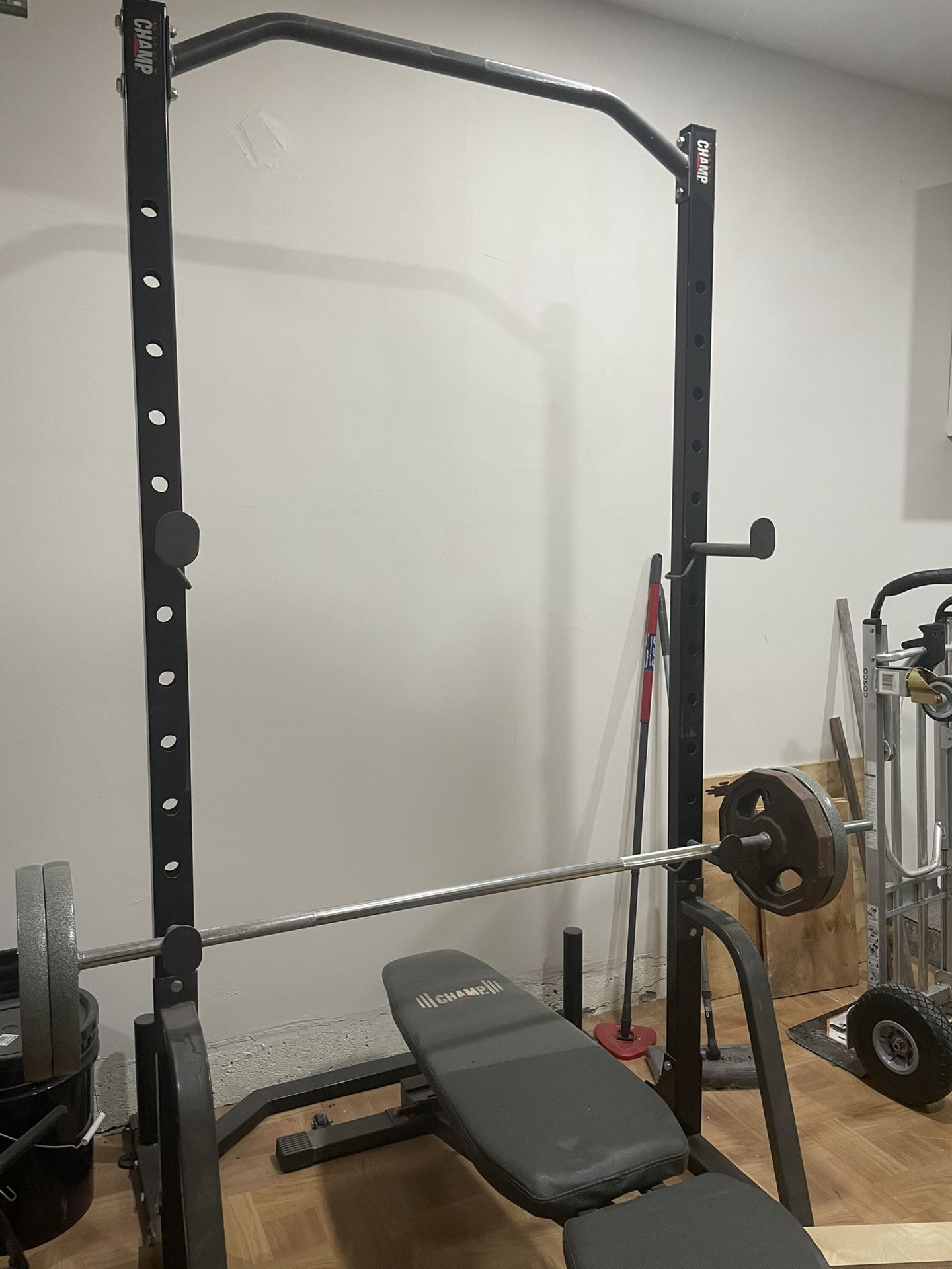 Squat Rack, Bench, and Weight Set
