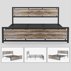 IKIFLY California King Size Metal Bed Frame/Industrial Cal King Platform Bed with Wooden Headboard Footboard/Heavy Duty Steel Slats Support/No Box Spr
