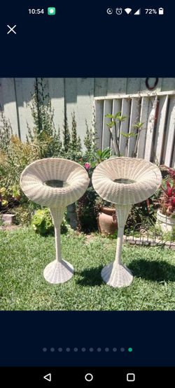 Two Vintage Bamboo Wicker Rattan White Trumpet Flower Plant Stands