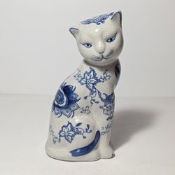 Cat Figurine with Blue Flowers