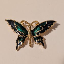 Butterfly Gold Brooch Pin Emerald Green Black Enamel