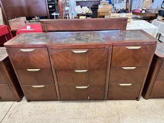 Dark Wood Bedroom Set w/ Marble Tops - Dresser & 2 Nightstands
