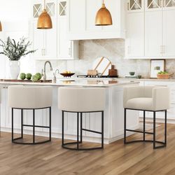 Set of 3, Modern Barrel Counter Stools with Backrest and Arms. Linen Color