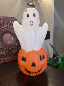 Vintage Style Halloween Light Up Ghost & Pumpkin Blow Mold Table Top Shelf