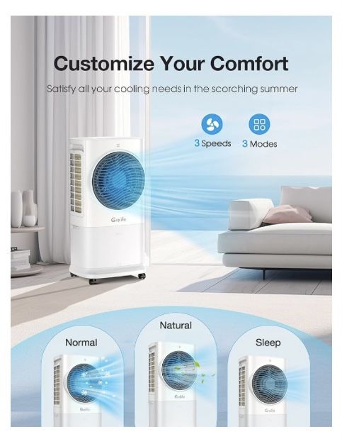 Grelife 3-in-1 Portable Air Conditioner, 400 Sq.Ft Evaporative Air Cooler with 1.72Gal Tank & 4 Ice Packs, 360° Oscillation, 30ft/s Wind Speed, 42dB Q