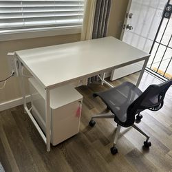 OFFICE DESK WITH TUCK IN METAL FILE CABINET AND WHEELS, OFFICE CHAIR POWER PANEL INCLUDED ALL FOR $280