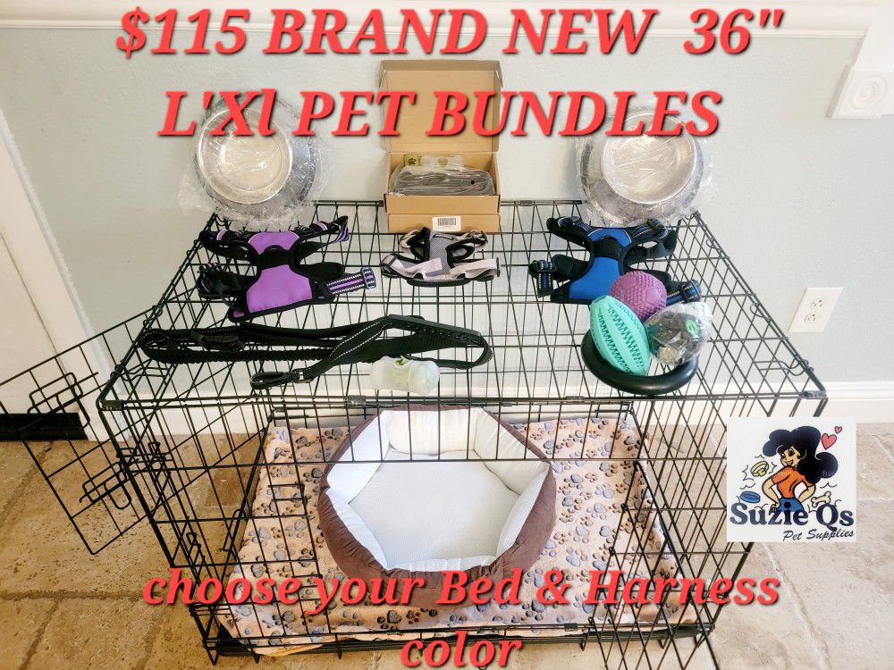 New Pet Package L'xl Dog Crate Up To 70 Lbs 2 Doors With Tray $60/ Package $115 Cage Bed Bowls Toys Harness Leash & More