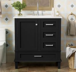 Newly Assembled Solid Wood Frame 30" Bathroom Vanity with Ceramic Sink Combo Storage Cabinet