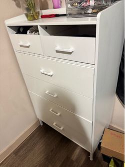White Tall Dresser — 6 Drawers + Open Storage
