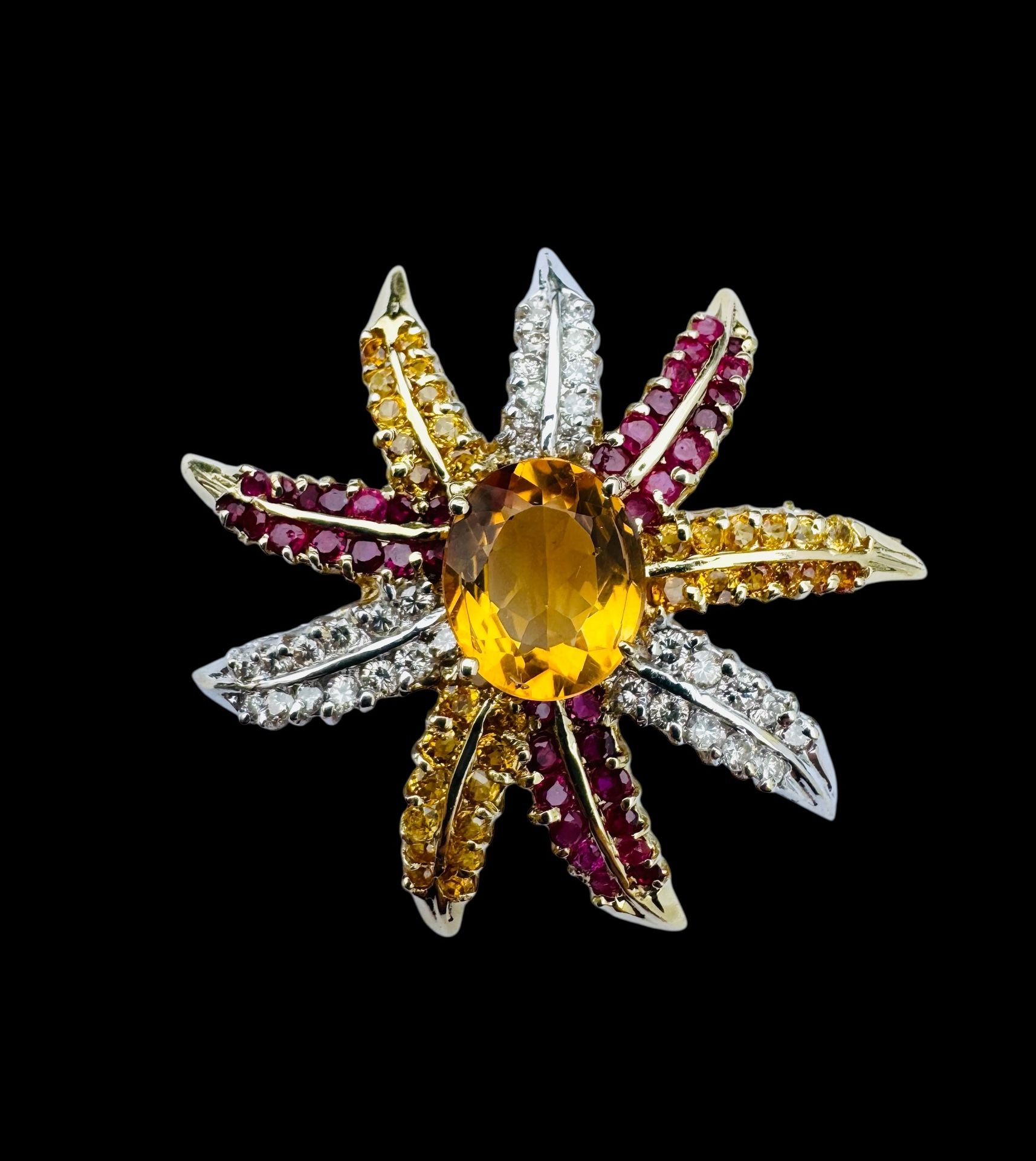 14k Gold Diamond, Ruby, Citrine Brooch