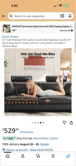 87" Black PU Leather 3-Seater Sofa with Headrests