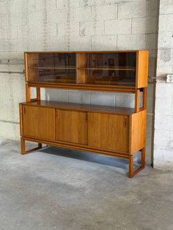 Mid Century Modern Danish Teak Hutch Credenza Display Cabinet 2 Piece 1960s