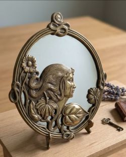 Vintage Art Nouveau Brass Wall Mirror - Cast Brass Lady Maiden Profile & Floral Motif - 11" Round Decorative Mirror