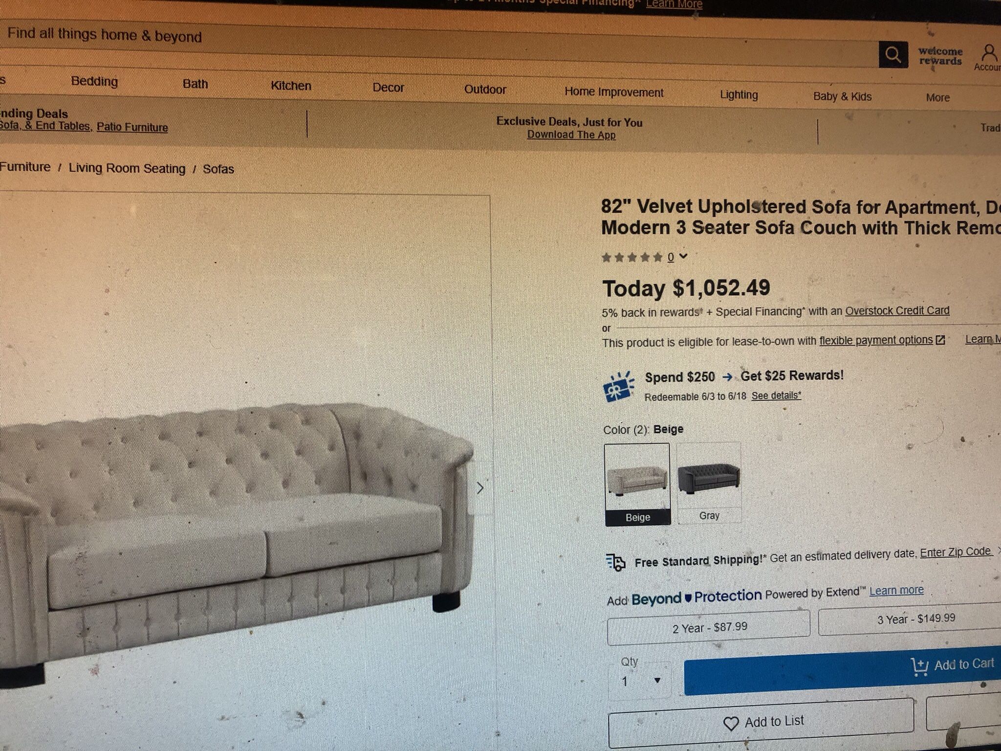 Brand New Mid Century 82” Beige Velvet Sofa With Removable Cushions Never Used