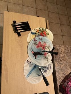Vintage Folding Hand Fans Asian-Style Floral Painted Paper & Black Handles